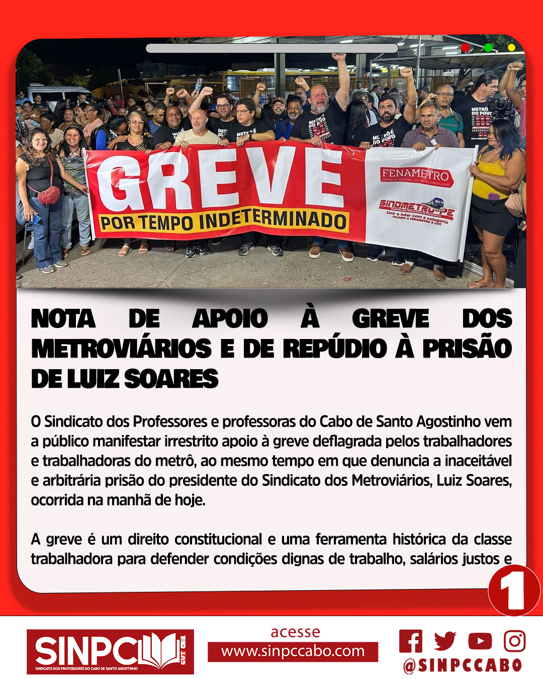 NOTA DE APOIO À GREVE DOS METROVIÁRIOS E DE REPÚDIO À PRISÃO DE LUIZ SOARES